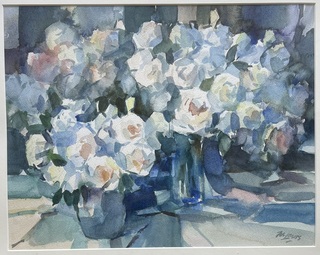 Grote aquarel, “Modern Bloemstilleven”, geschilderd door Jos Leurs